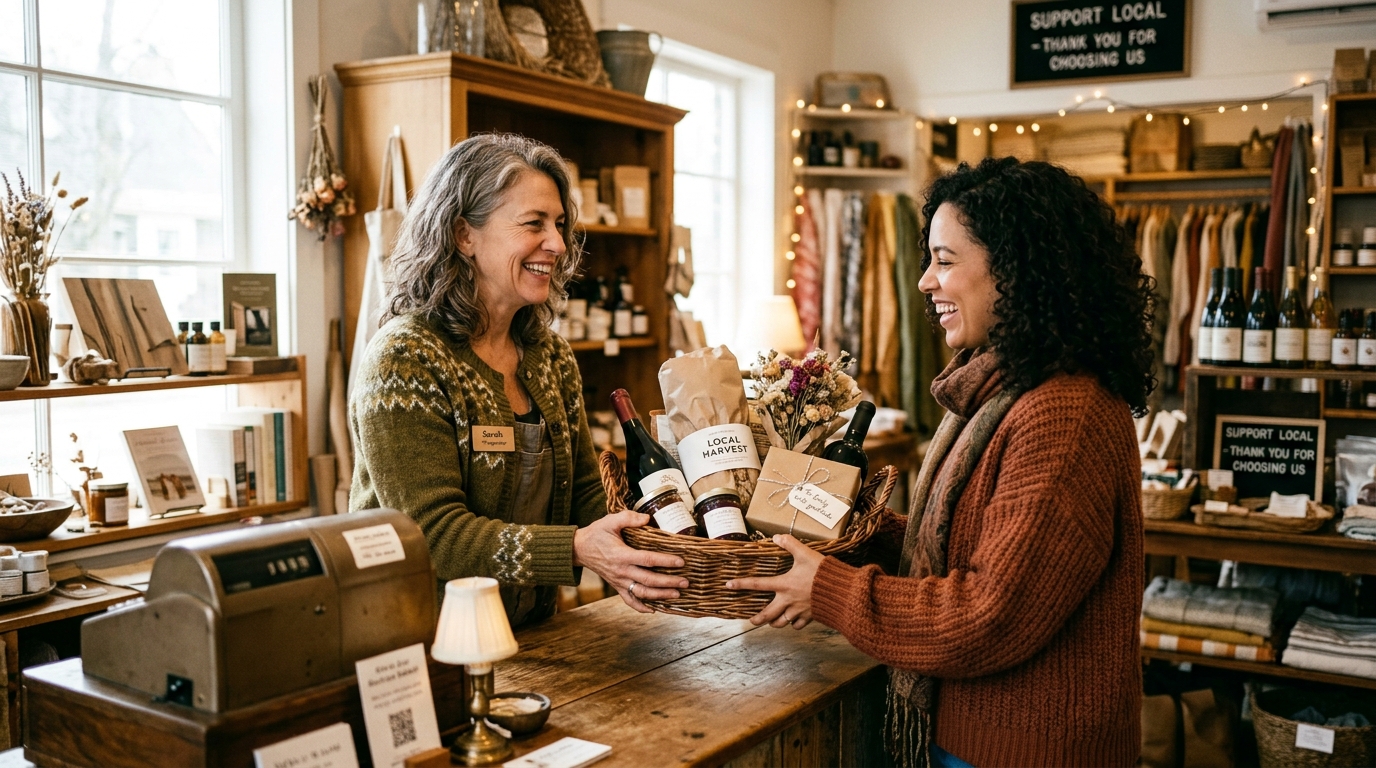 Commerçant offrant chaleureusement un panier garni surprise et des attentions concrètes à sa cliente fidèle