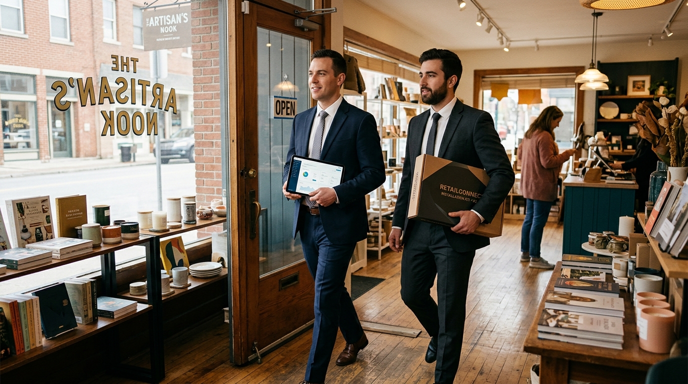 Deux commerciaux en costume cravate arrivant dans un commerce avec une tablette et du matériel d'installation